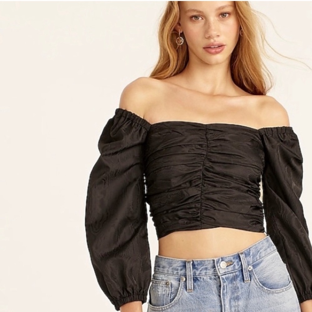 J.Crew Ruched Puff-Sleeve Black Cropped Top NWOT Size 4